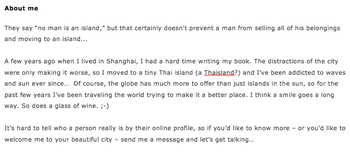 Example of "About Me" text on Travelgirls website that works.