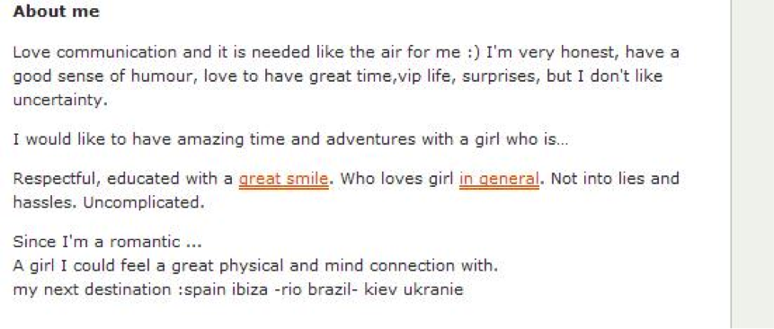 Profile text on Travelgirls profile that will attract sexy, outgoing girls.