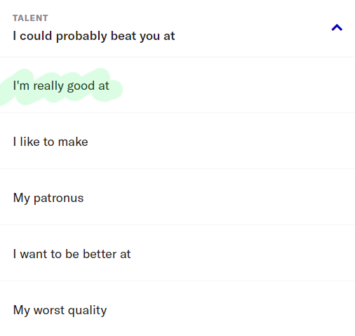 Talent section of OkCupid profile