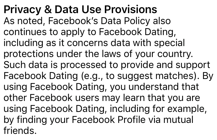 Facebook Dating privacy and data use policy