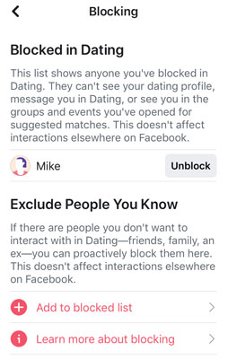 Facebook Dating blocking settings