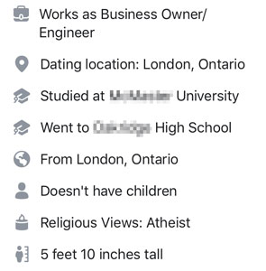Facebook Dating profile bio details