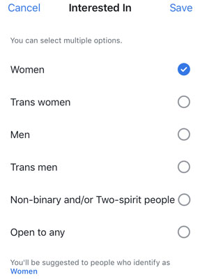 Facebook Dating gender options