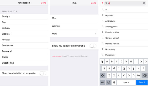 Tinder sexual and gender orientation options