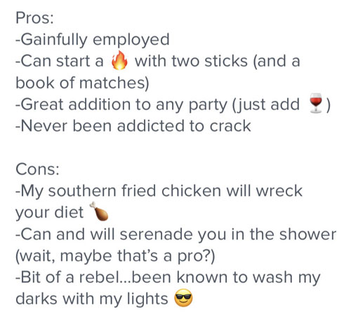 pros & cons Tinder profile example